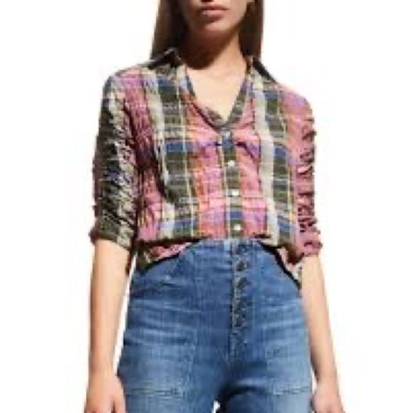 Veronica Beard Jeans Porta Crinkle Plaid Button-Front Top - Picture 1 of 9
